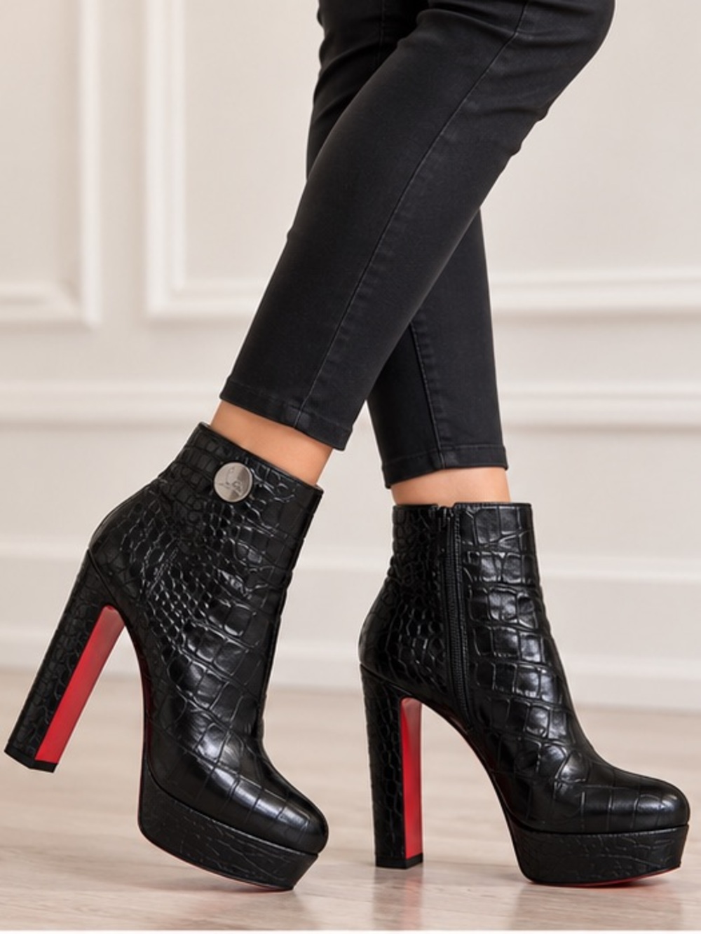 Christian Louboutin Black Leather Ankle Boots with Red Soles